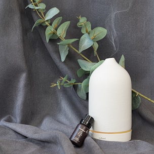 A white, sleek essential oil diffuser emits a gentle wisp of vapor, placed alongside a small dark bottle labeled ‘Eucalyptus’. They both rest on a soft gray fabric, accompanied by a branch of eucalyptus leaves that adds a natural touch.