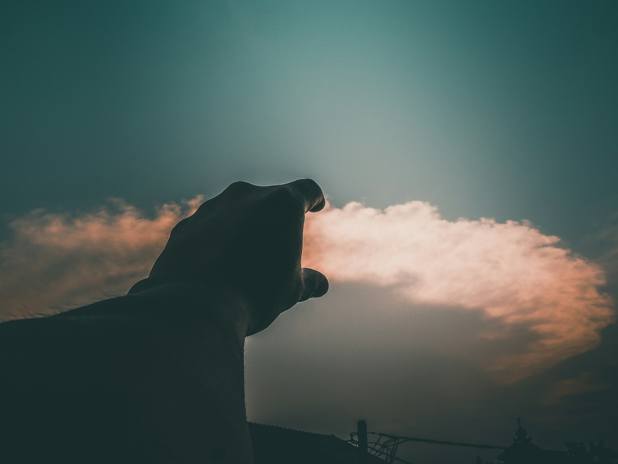 an outstretched hand with fingers appearing to pinch a wispy cloud