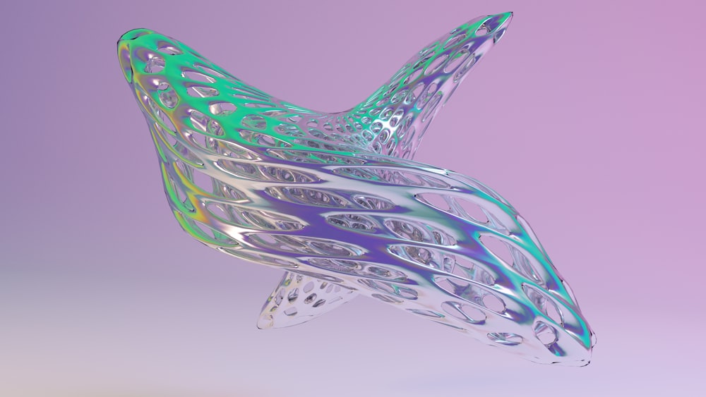 a glass sculpture of a bird on a purple background