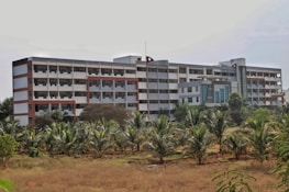 A large, multi-story building with a modern architectural design featuring a combination of red, white, and gray colors. The structure is surrounded by greenery, including palm trees in the foreground, and appears to be located in a semi-rural setting.
