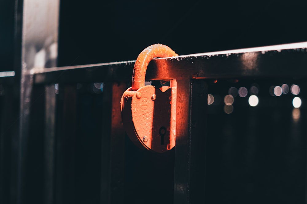 a close up of a metal gate with a lock on it