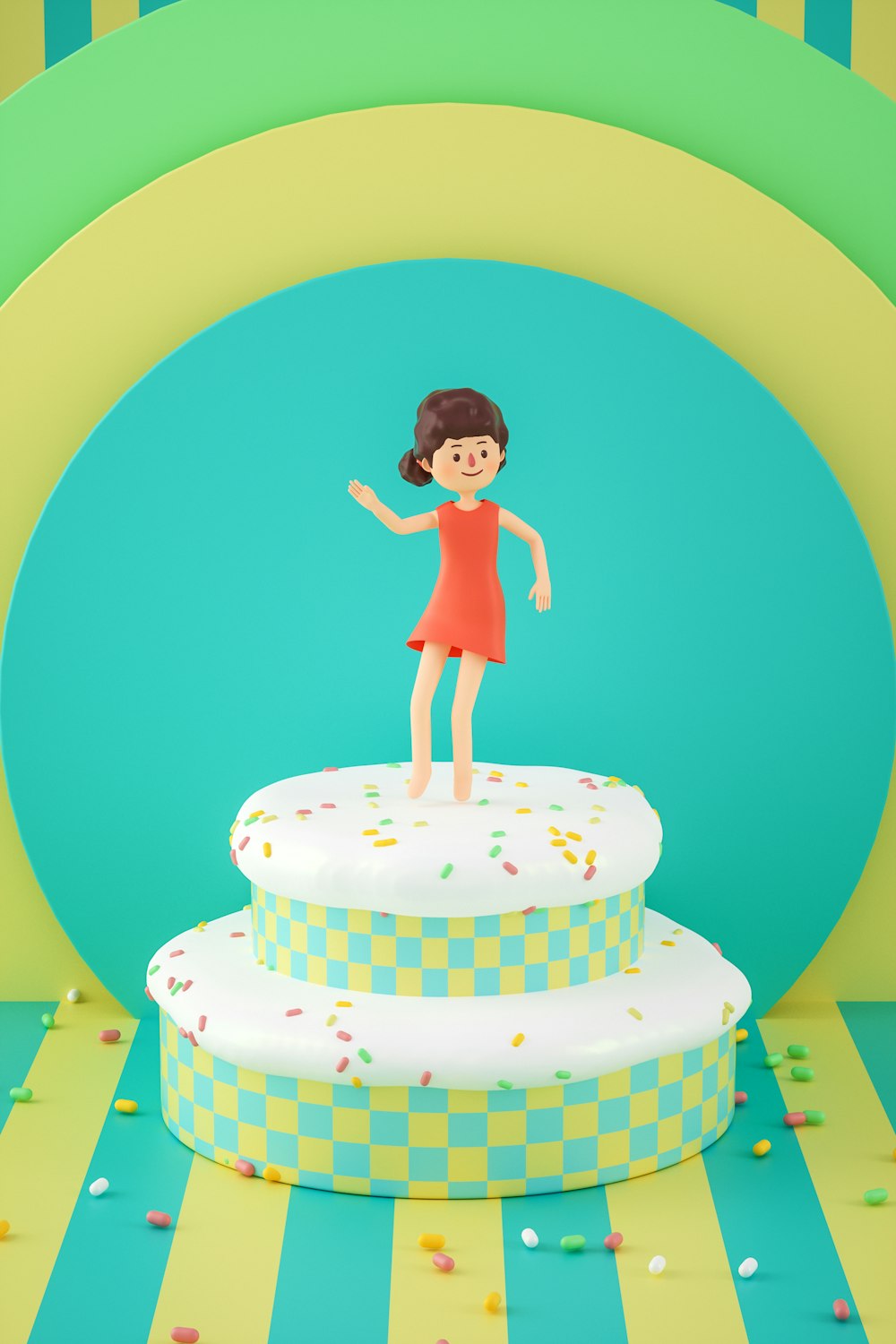 a little girl standing on top of a cake
