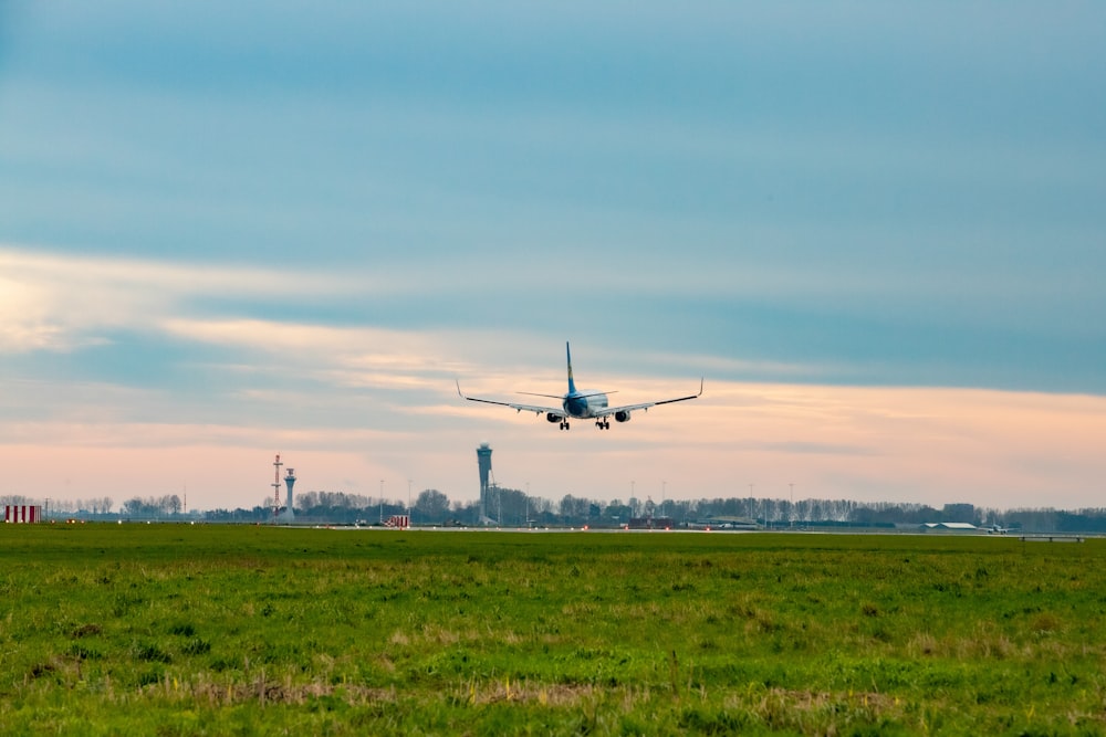 a large jetliner flying over a lush green field