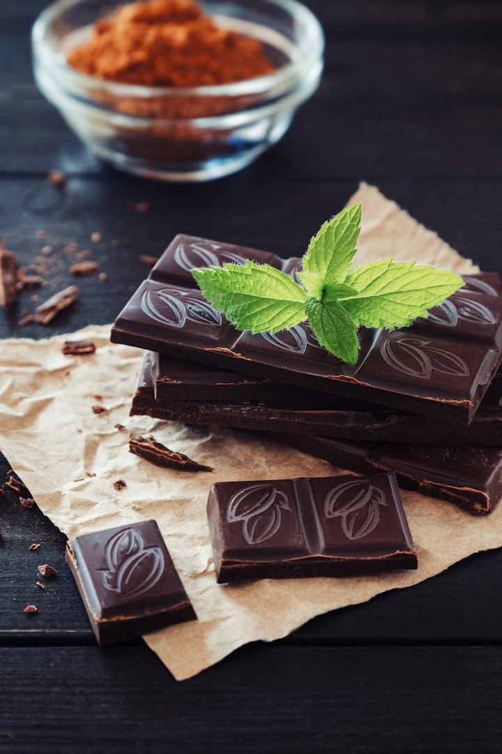 Squares of dark chocolate with a sprig of mint.