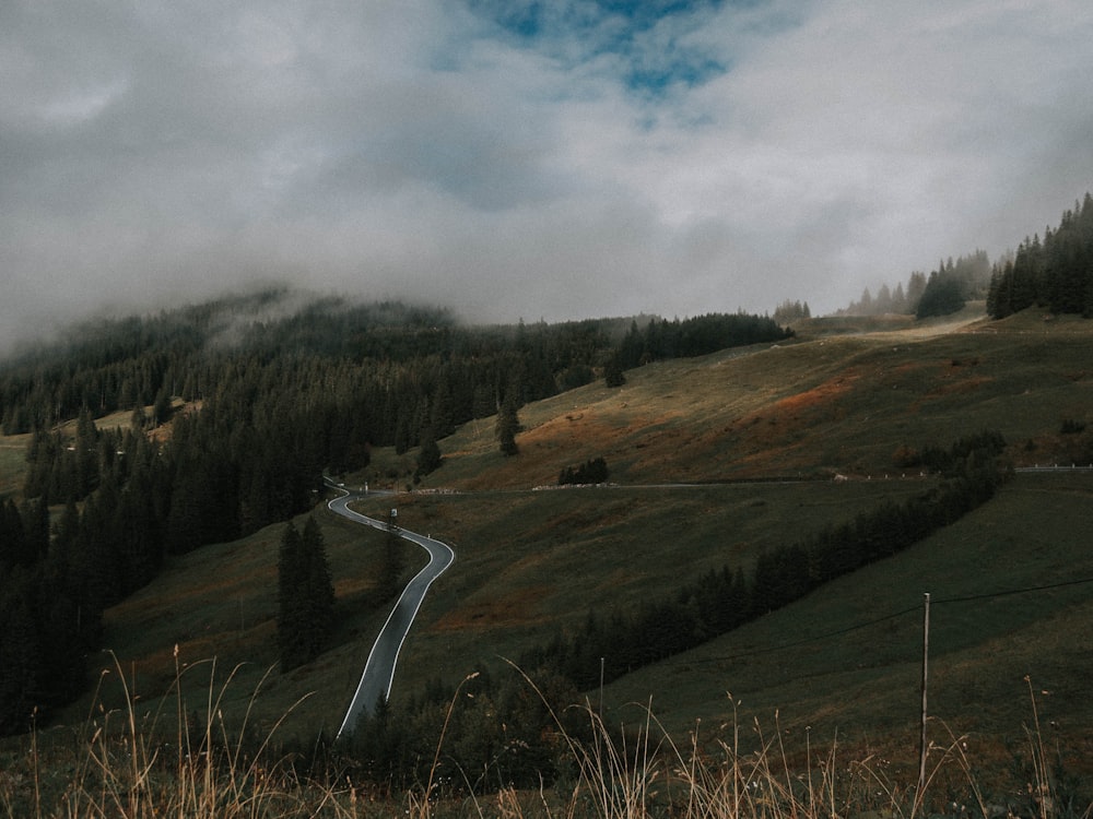 a winding road in the middle of a lush green hillside