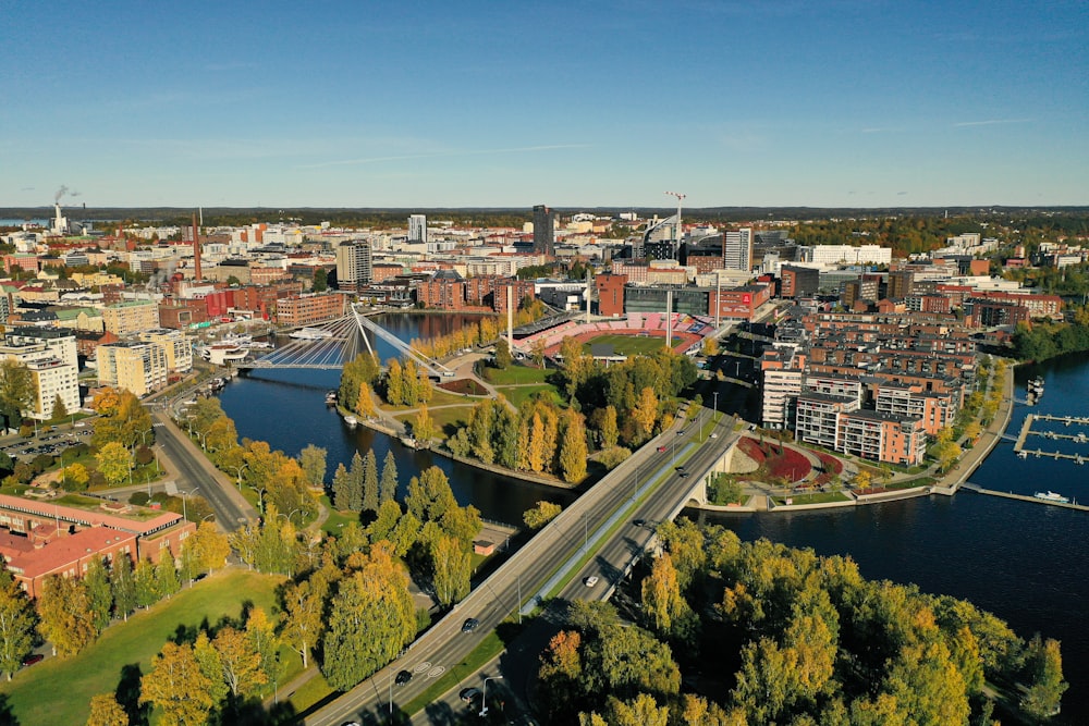 an aerial view of a city with a river running through it