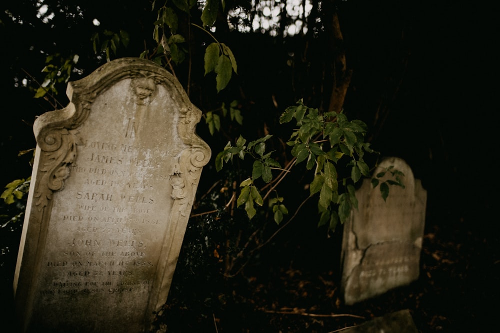 a couple of headstones sitting next to each other