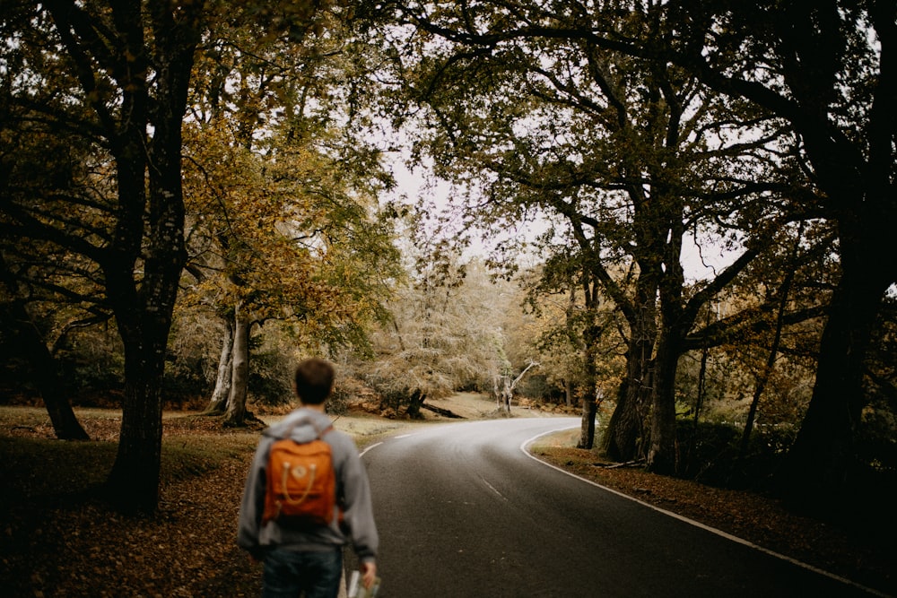 Una persona con una mochila caminando por una carretera