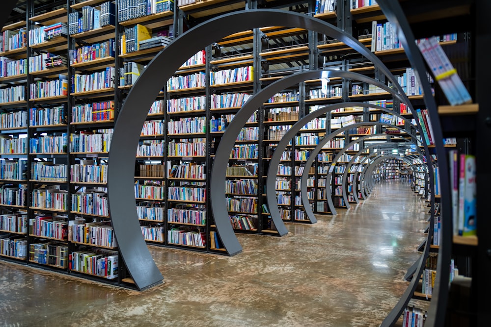 a row of bookshelves filled with lots of books