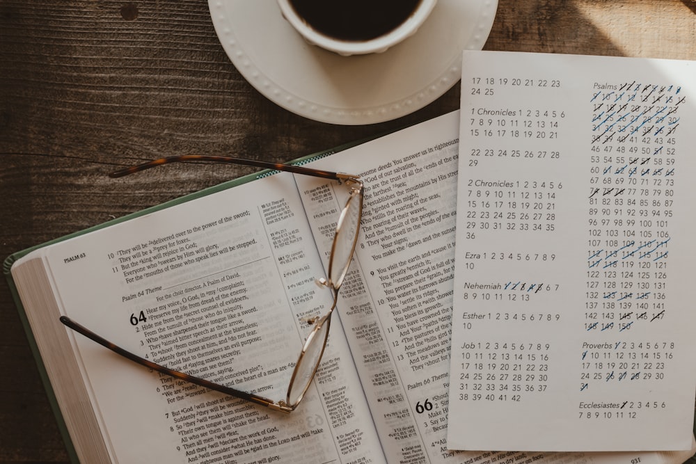 a cup of coffee and a book on a table