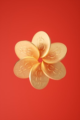 Gold coins with the Bitcoin logo are arranged in a circular formation against a solid red background.