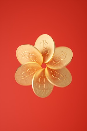 Gold coins with the Bitcoin logo are arranged in a circular formation against a solid red background.