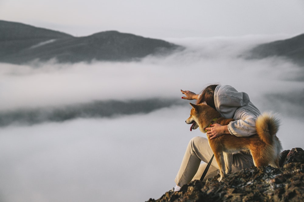 a man sitting on top of a mountain with a dog