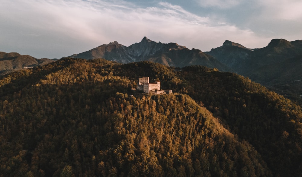 Una casa sulla cima di una montagna circondata da alberi