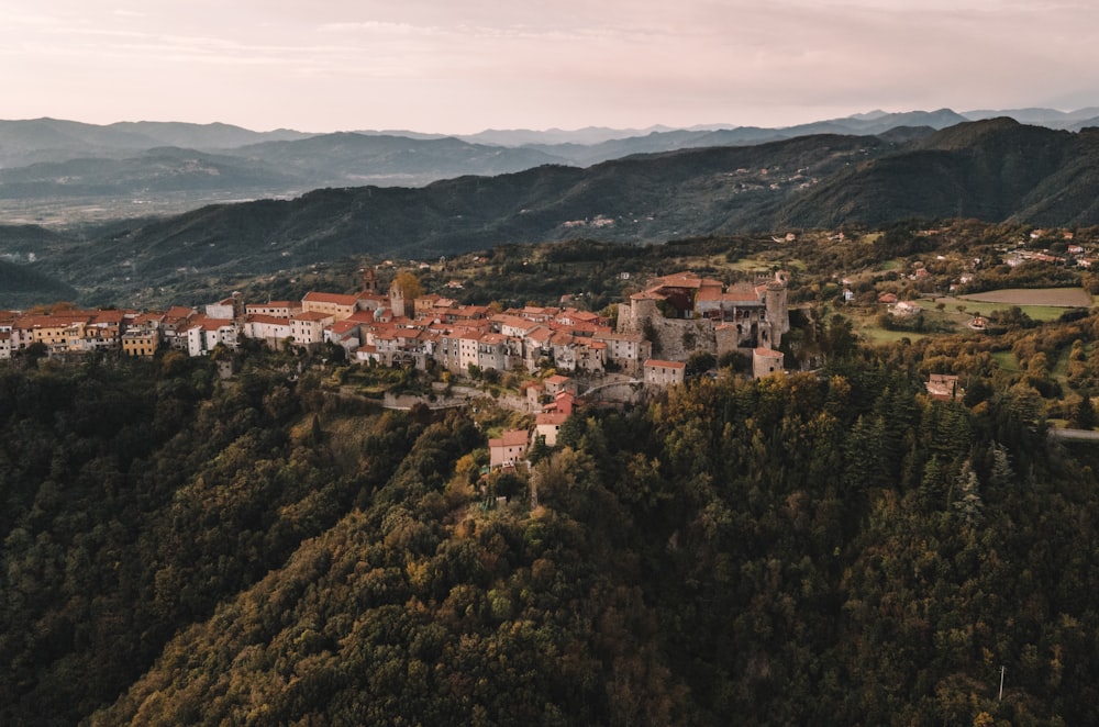 an aerial view of a village on a mountain