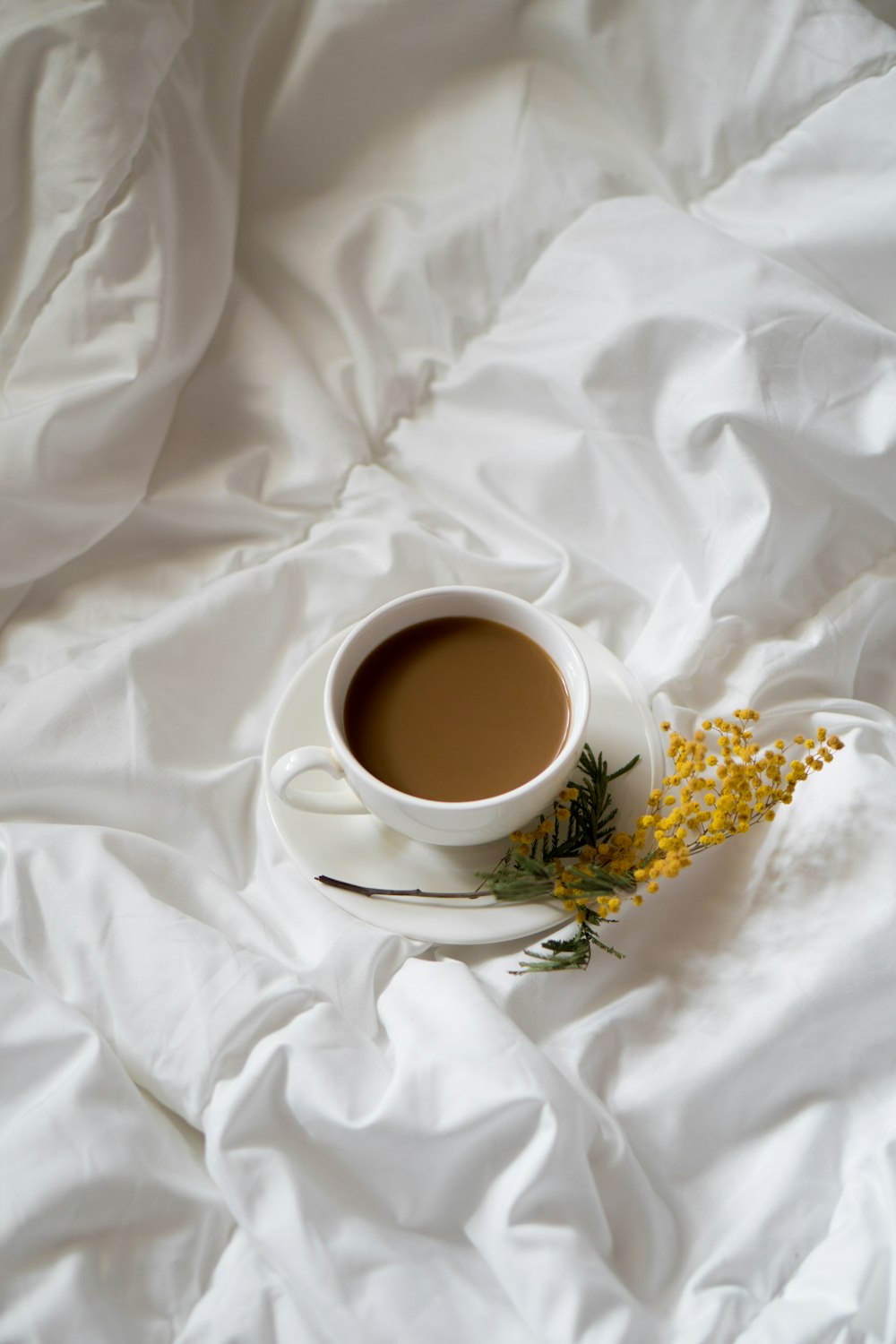 a cup of coffee on a saucer with a sprig of yellow flowers
