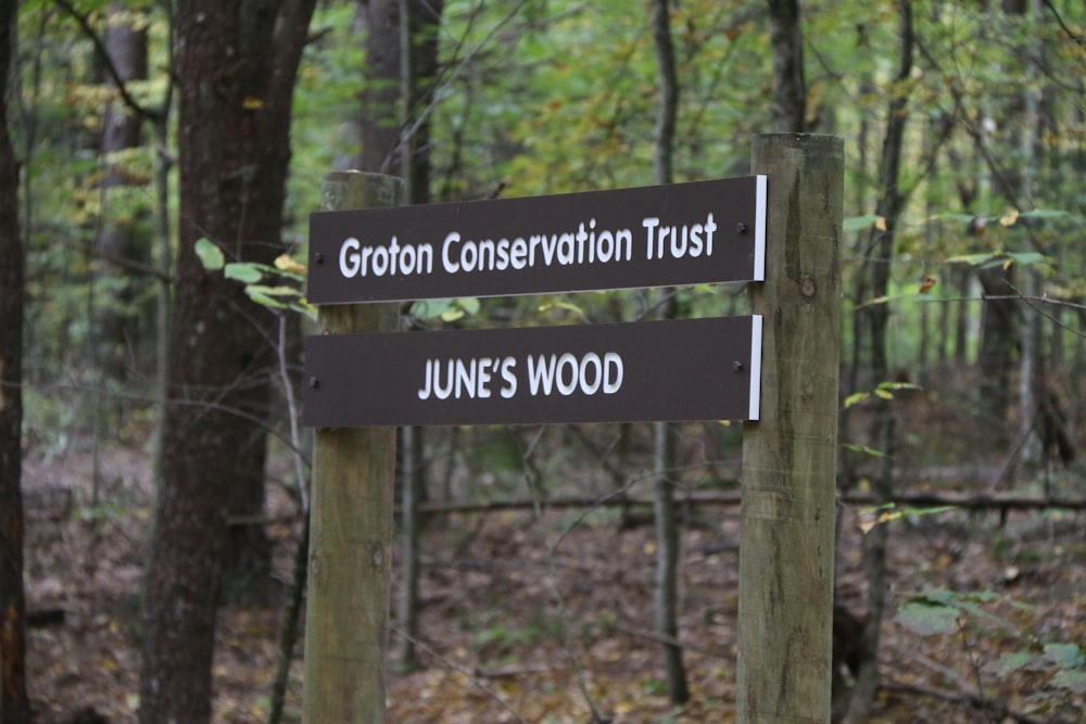 a wooden sign pointing in different directions in the woods