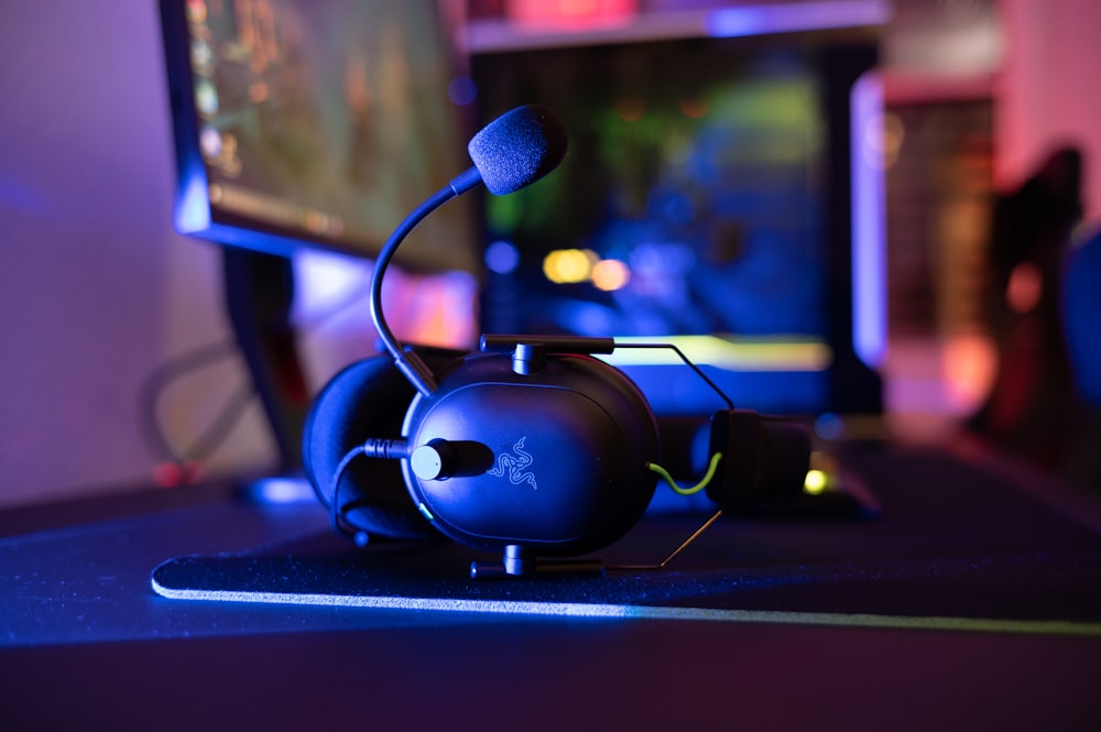 a close up of a gaming headset on a table