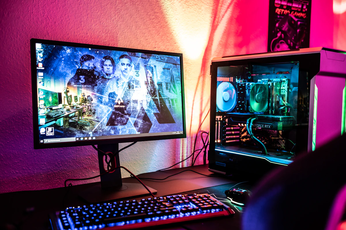 Dark gaming PC rig with electric RGB lights