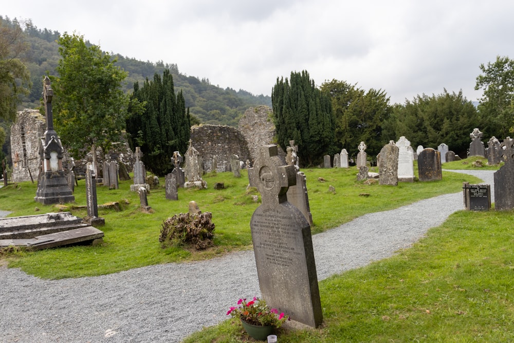 a cemetery with many headstones and flowers on the ground