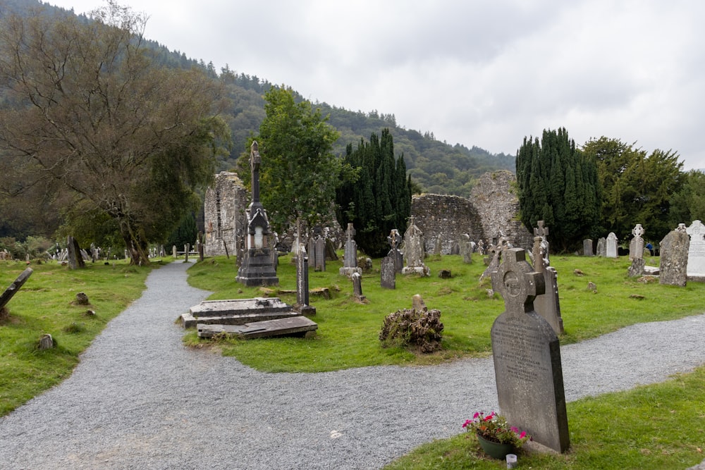 a cemetery with a path leading to it