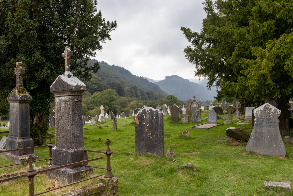 a cemetery with many headstones and trees