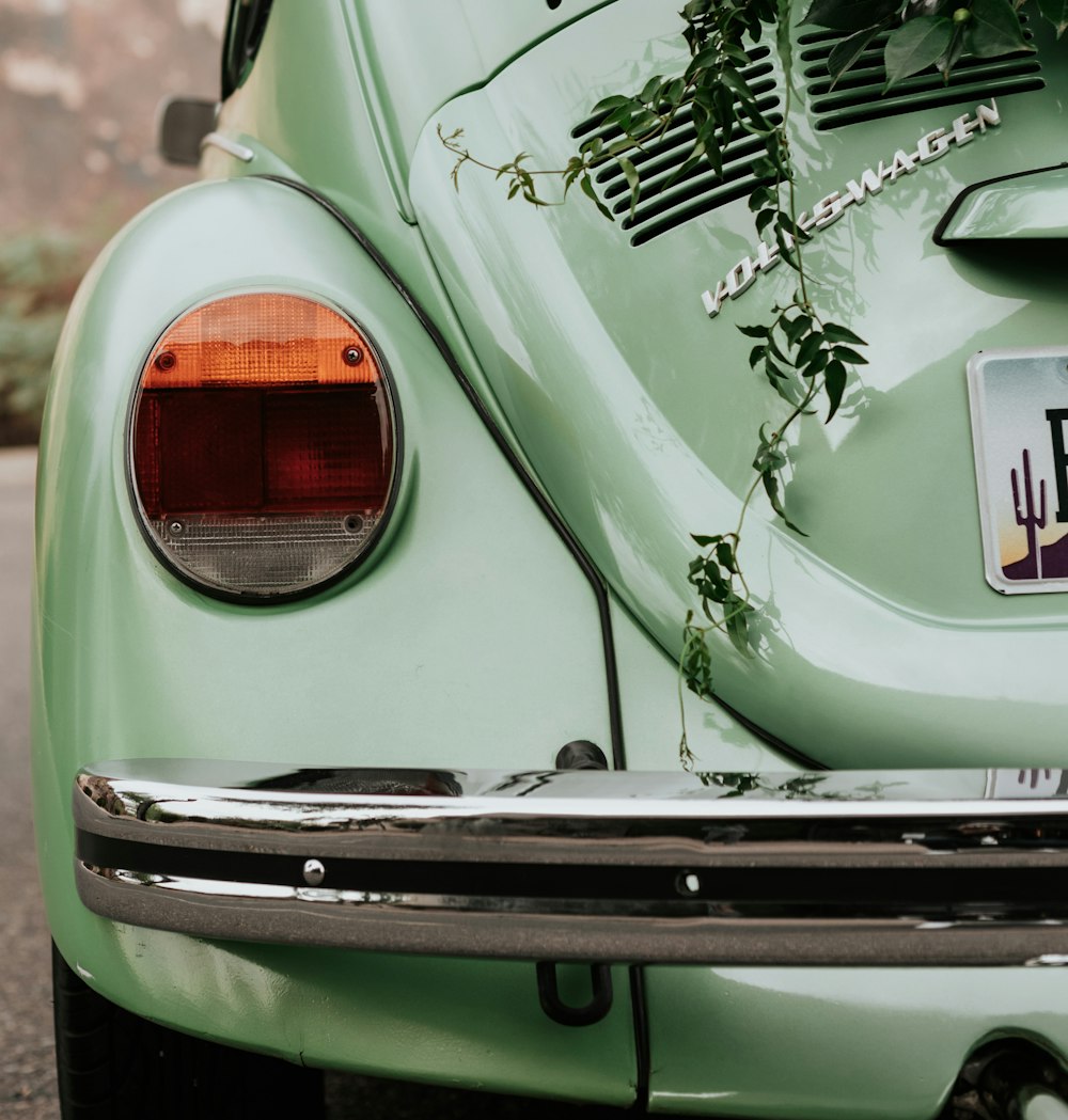 a close up of a green car with vines growing on it