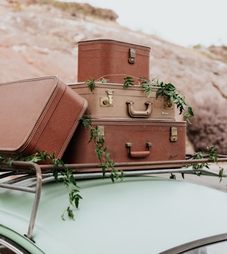 a stack of luggage sitting on top of a car