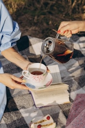 A person is pouring tea from a glass teapot into a floral-patterned teacup held by another person. A book lies open on a checkered blanket, and a plate with slices of cake garnished with raspberries is nearby.