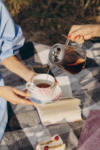 A person is pouring tea from a glass teapot into a floral-patterned teacup held by another person. A book lies open on a checkered blanket, and a plate with slices of cake garnished with raspberries is nearby.