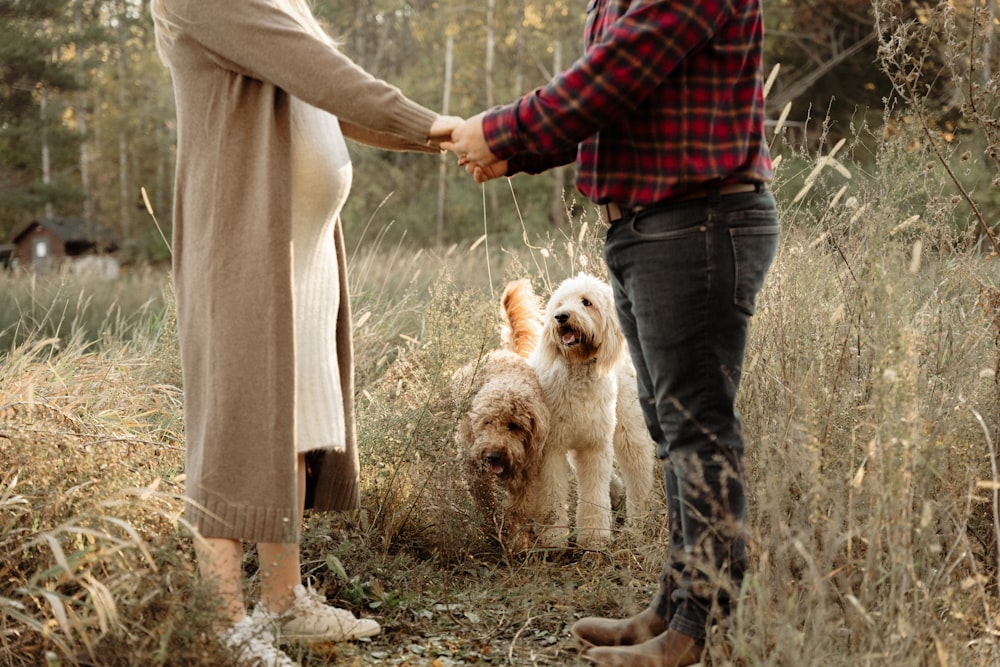 a man and a woman holding hands with a dog