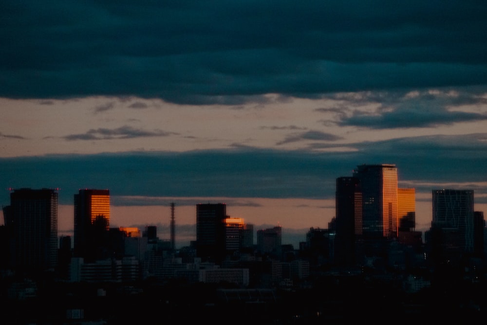 a view of a city skyline at dusk