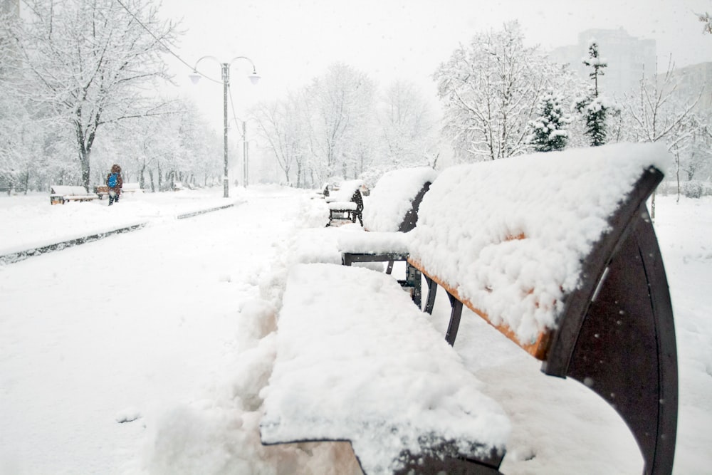 Eine Reihe von Bänken, die an einem verschneiten Tag mit Schnee bedeckt sind