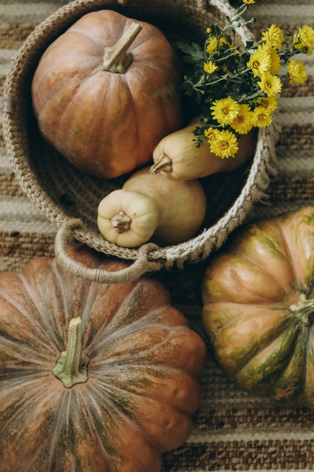 a basket filled with lots of different types of pumpkins