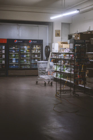 a grocery store with a shopping cart in the middle of the room