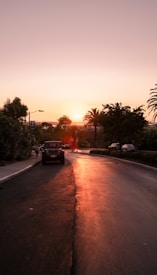 The image captures a serene urban street during sunset, with the sky painted in soft hues of orange and pink. Trees line both sides of the road, and a few cars are parked along the sidewalk. The sun casts a warm glow over the scene, illuminating the road in a golden tint. Palm trees can be seen in the background, adding a tropical feel to the setting.