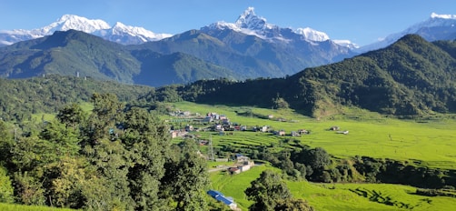 a scenic view of a green valley with mountains in the background