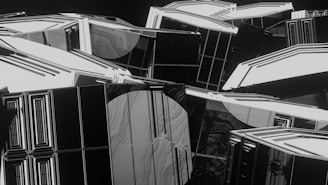 An abstract digital art piece featuring numerous geometric shapes and lines. The composition is dominated by white and black colors, with accents of gray, creating a high-contrast and modern look. The shapes appear to intertwine and overlap, giving a sense of depth and complexity.
