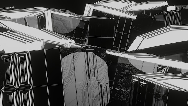 A sleek digital artwork featuring abstract geometric shapes in monochrome tones.