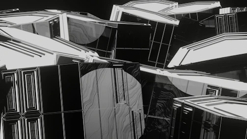 A sleek, abstract digital art piece blending dark and white tones with subtle futuristic lines.