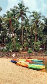 A scenic beach setting with multiple colorful kayaks resting on the sand. Tall, lush palm trees line the background, and a couple of wooden huts are partially visible among the trees. Two people stand near the kayaks, appearing to be readying them for use.