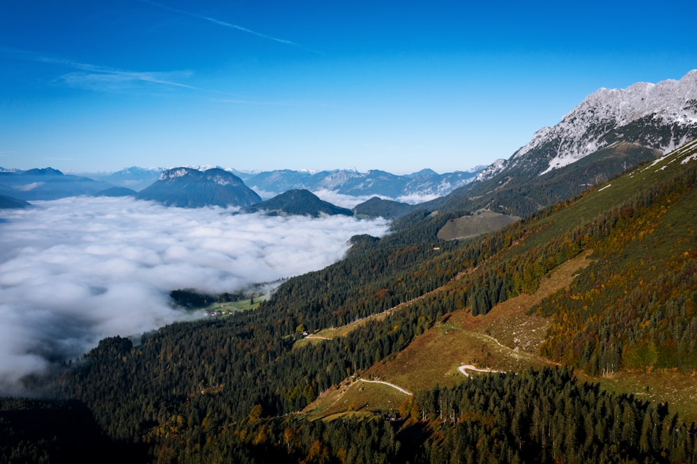 a scenic view of a mountain range with trees and clouds