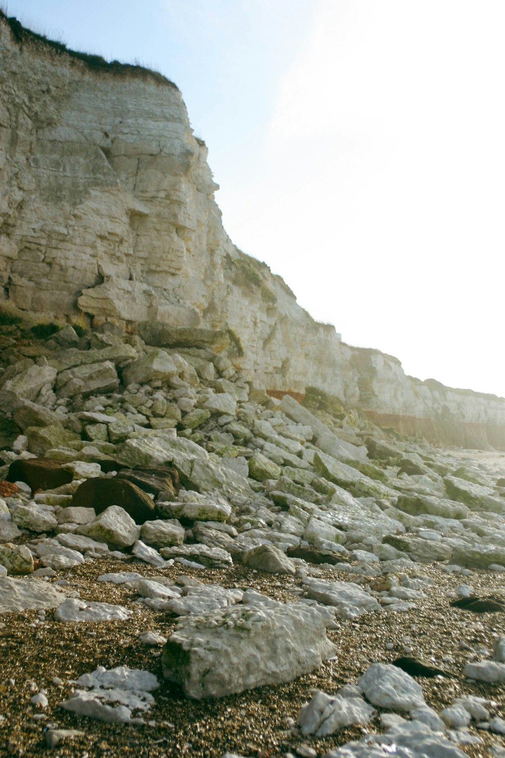 a rocky beach next to a cliff on a sunny day