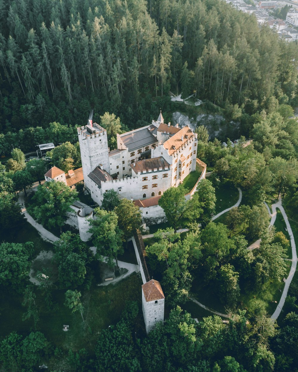 an aerial view of a castle surrounded by trees