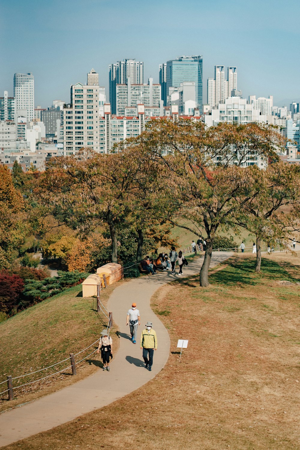 a couple of people walking down a path in a park