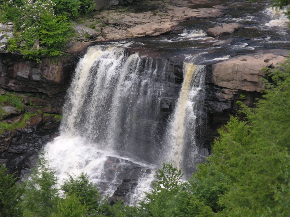 a large waterfall surrounded by trees and rocks