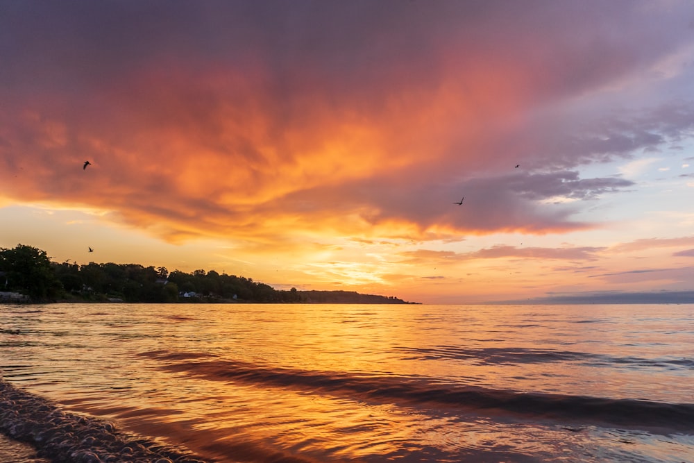 a beautiful sunset over the ocean with birds flying in the sky