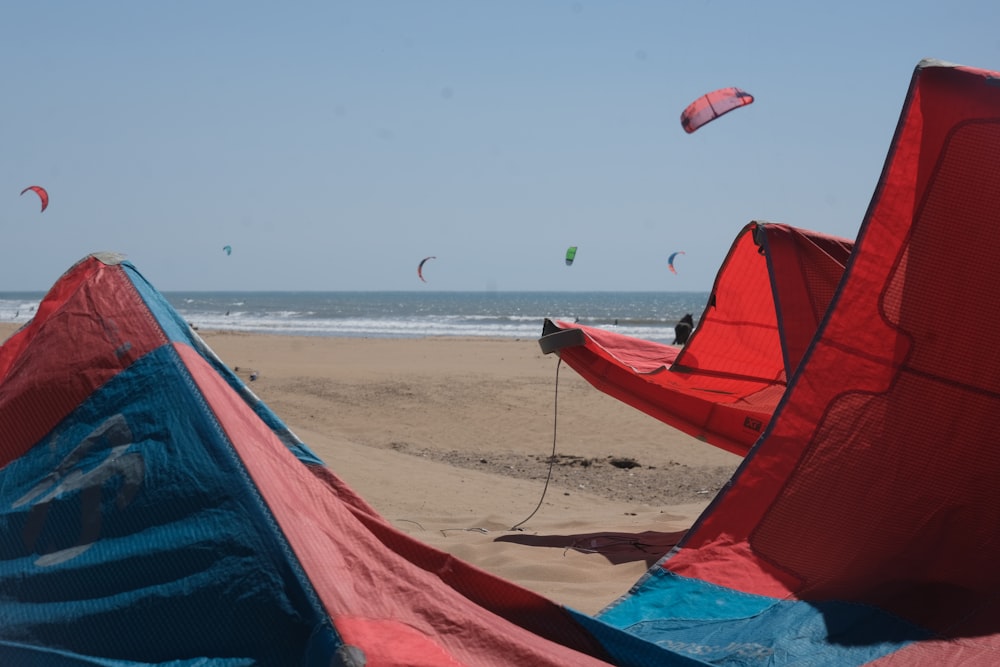 a group of kites flying over a sandy beach