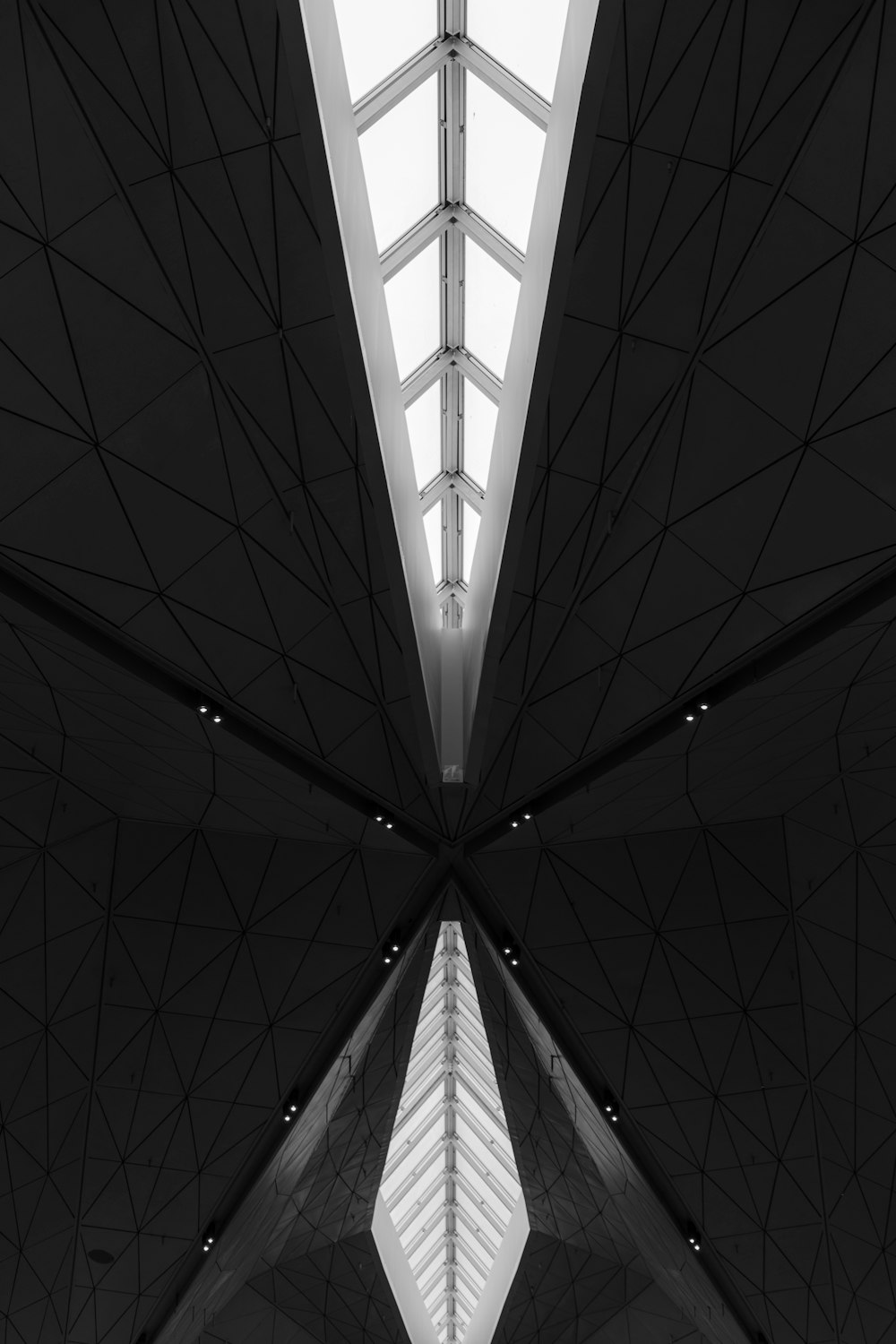 a black and white photo of the ceiling of a building