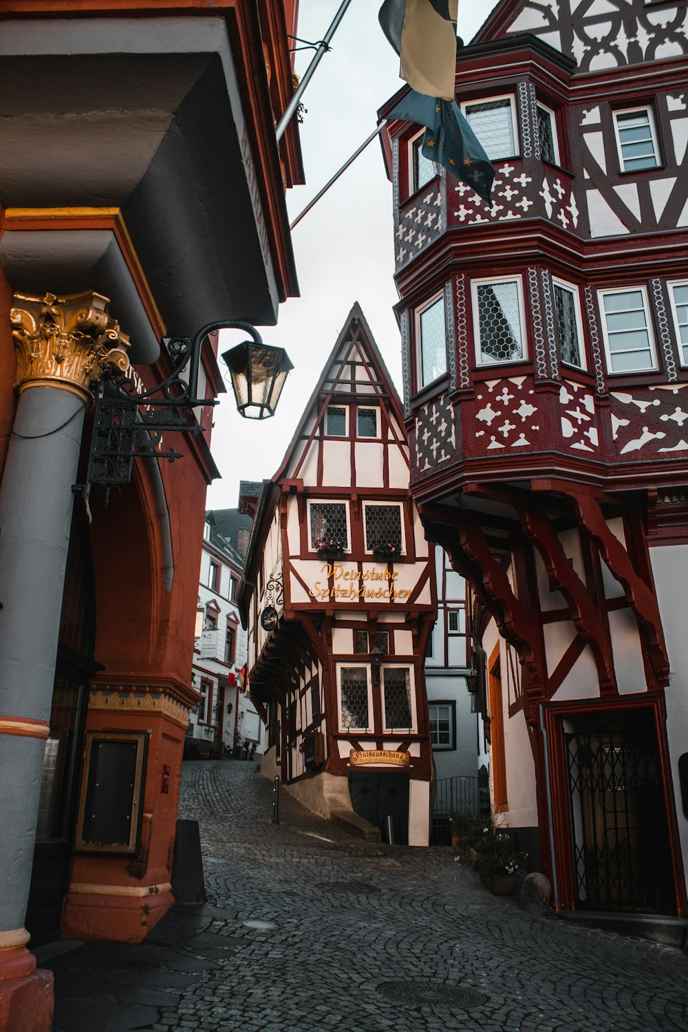 a cobblestone street in a european city